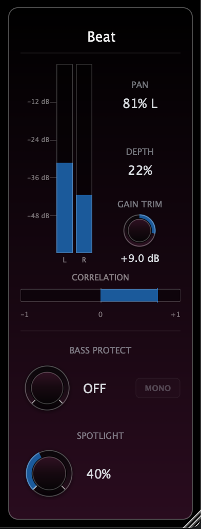 PeterPan Inspector with level meters, Pan, Depth, Gain Trim, Correlation, Protect Bass, Mono and Spotlight