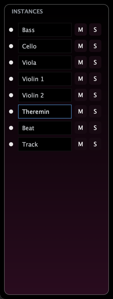PeterPan Instance List with visibility, track names, Mute and Solo controls